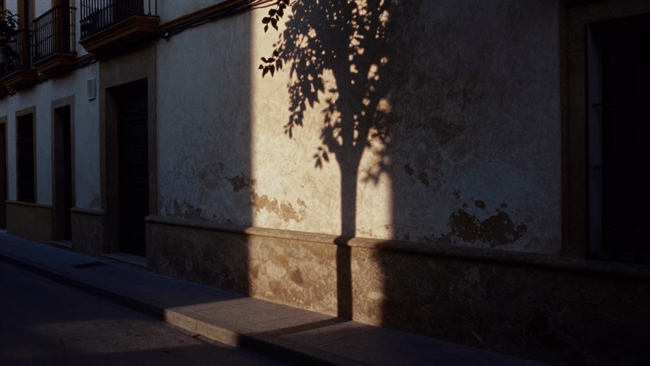 Predawn Seville Street Scene with Sun Stripe and Leaf Shadows on Plaster Wall in in Seville, Spain