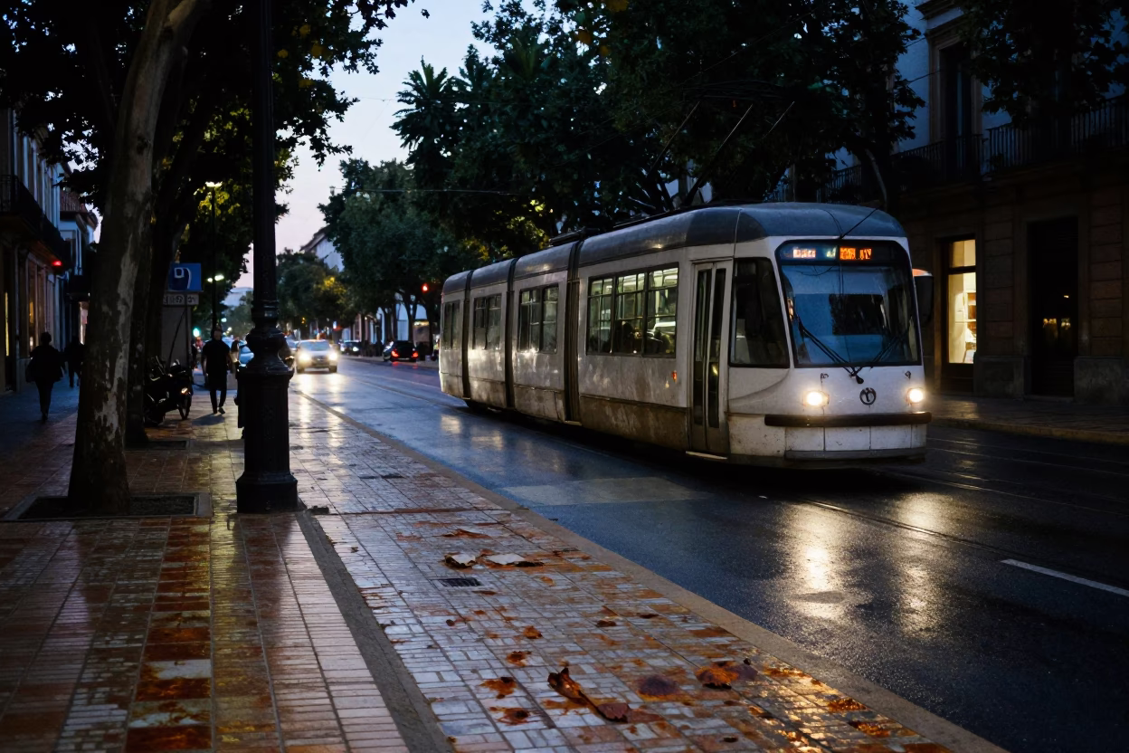Predawn Seville Street Scene with Tramcar and Rusty Tile Details in in Seville, Spain