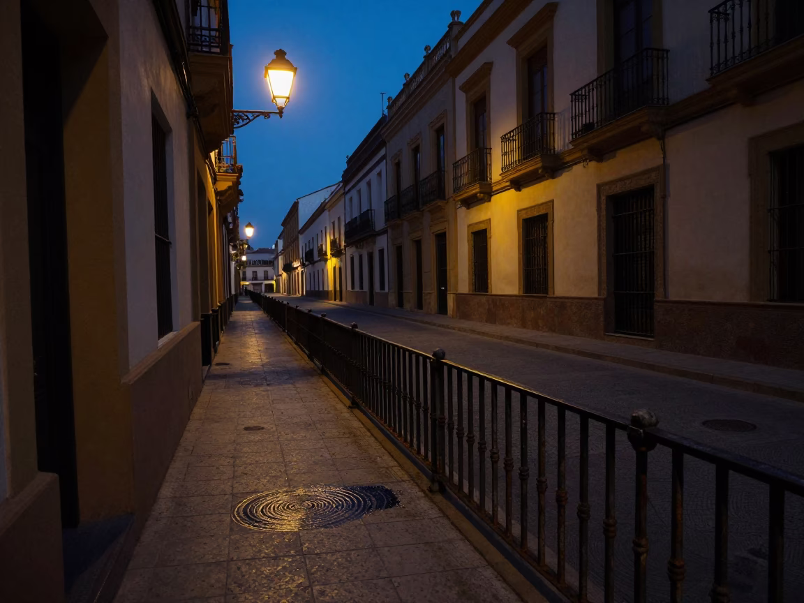 Predawn Seville Street Scene with Water Rings on Rustic Metal Rail in in Seville, Spain