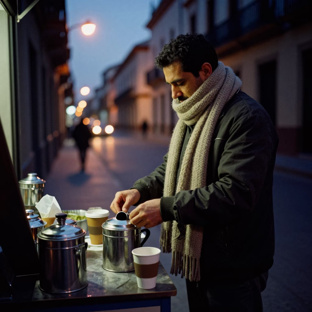 Predawn Seville street scene with wool scarves and coffee tin in in Seville, Spain