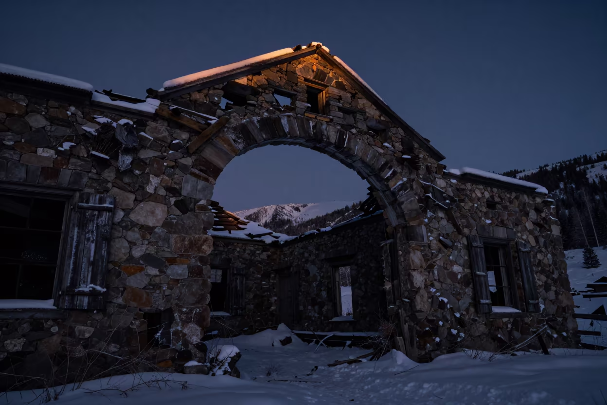 Predawn Shadows on Decaying Alpine Hotel Ruins in beneath a broken stone arch in Colorado