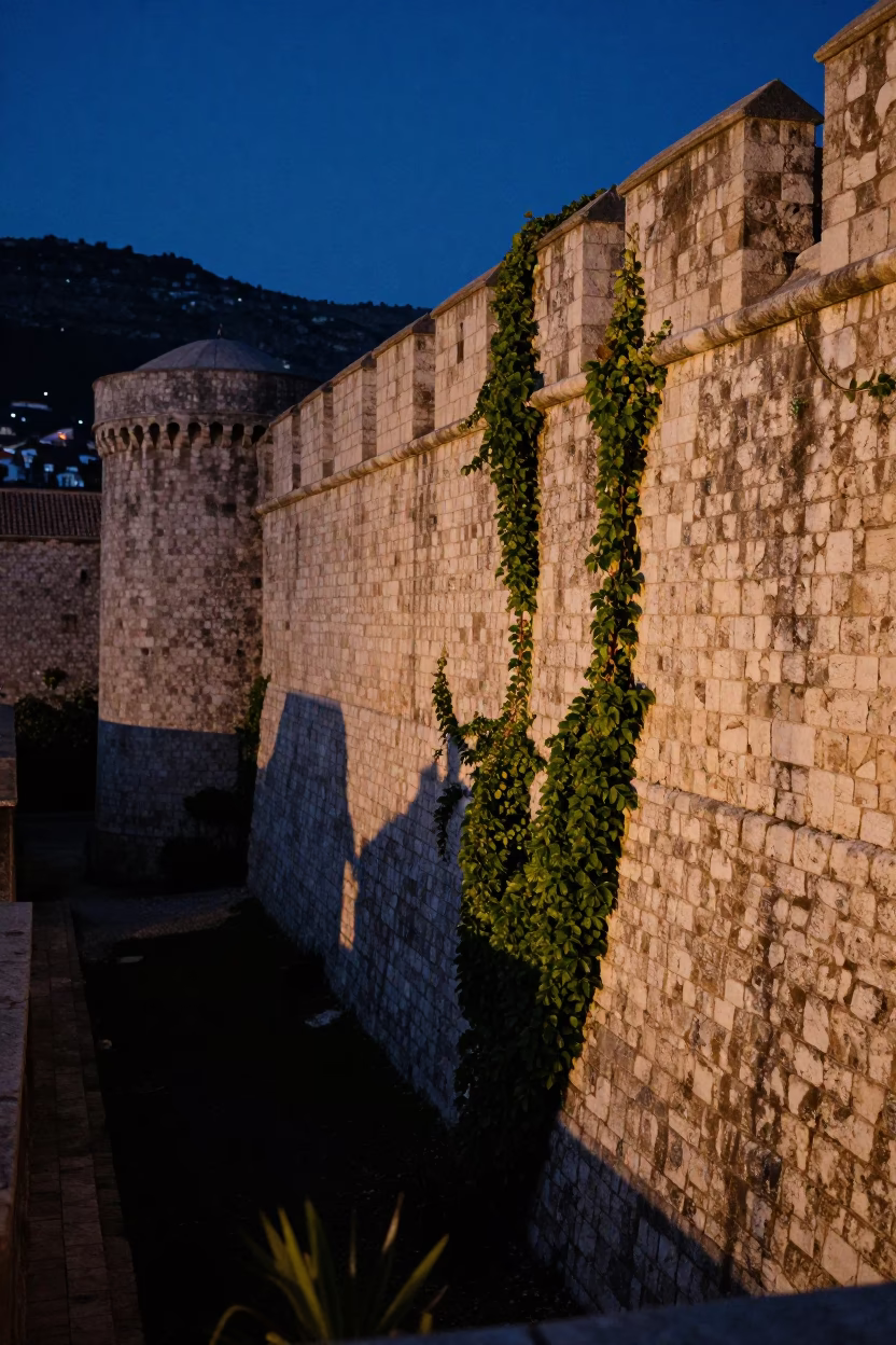 Predawn Shadows of Dubrovnik Old Town Stone Walls and Quiet Harbor in in Dubrovnik, Croatia