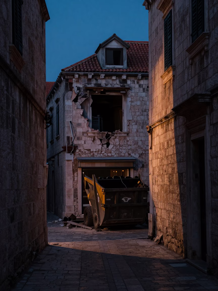 Predawn Shadows on Ancient Dubrovnik Stone Walls with Demolition Dumpster and Spanner in in Dubrovnik, Croatia