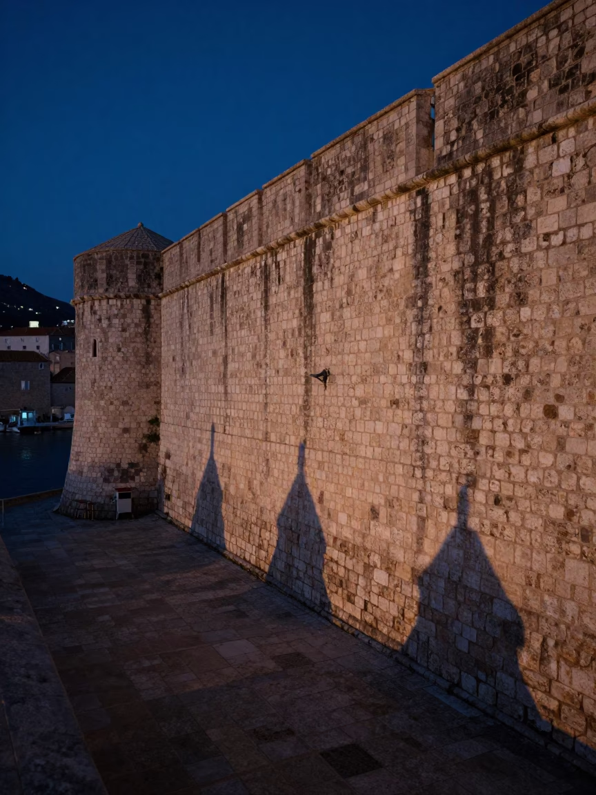 Predawn shadows on ancient stone walls of Dubrovnik Croatia harbor scene in in Dubrovnik, Croatia