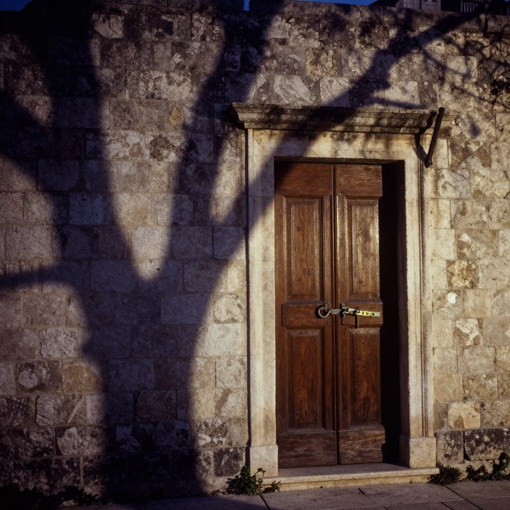 Predawn shadows on Dubrovnik stone walls with latch and seashells in in Dubrovnik, Croatia