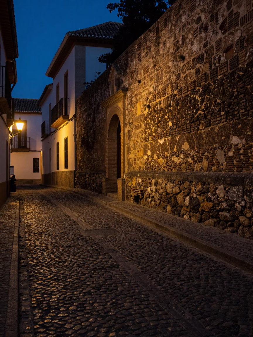 Predawn Shadows on Granada Albaicin Cobblestones with Boot Scraper and Streetlamp in in Granada, Spain