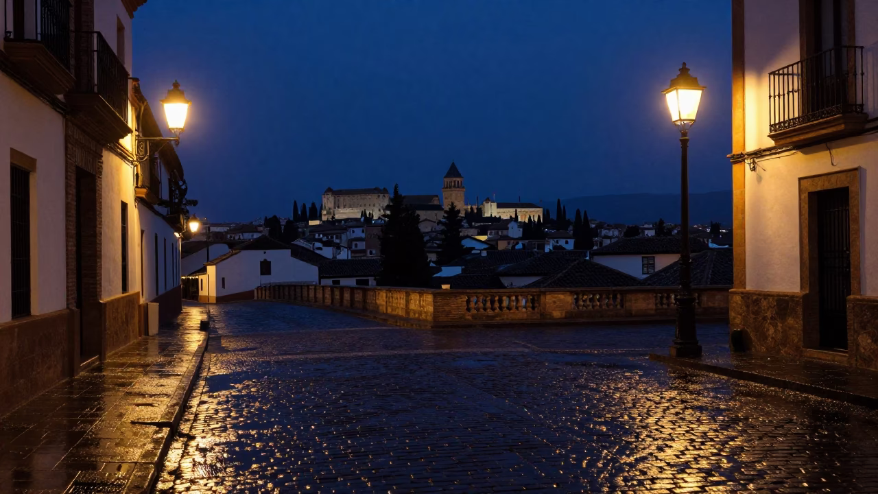 Predawn Shadows on Granada Cobblestones with Night Light and Tram Reflection in in Granada, Spain