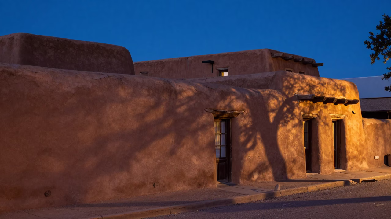 Predawn Shadows on Santa Fe Adobe Walls with Local Street Details in in Santa Fe, New Mexico, United States