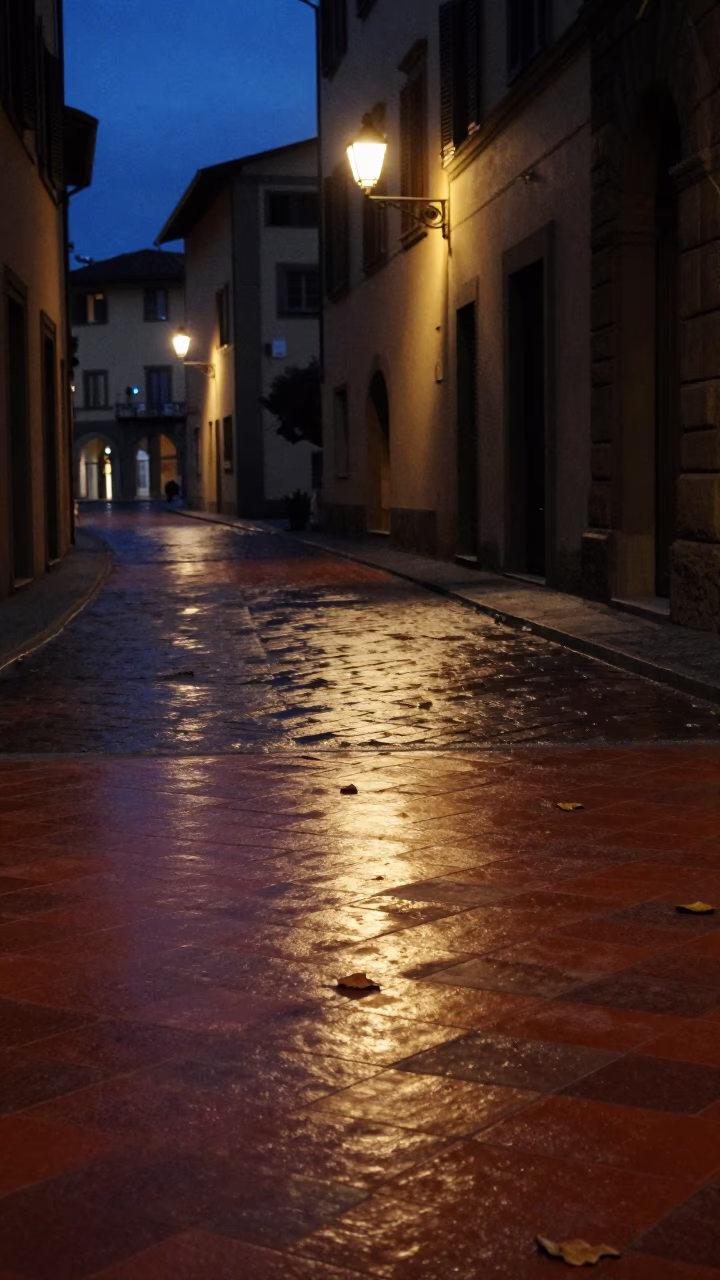 Predawn shadows on tiled floor in historic Florence Italy street corner in in Florence, Italy