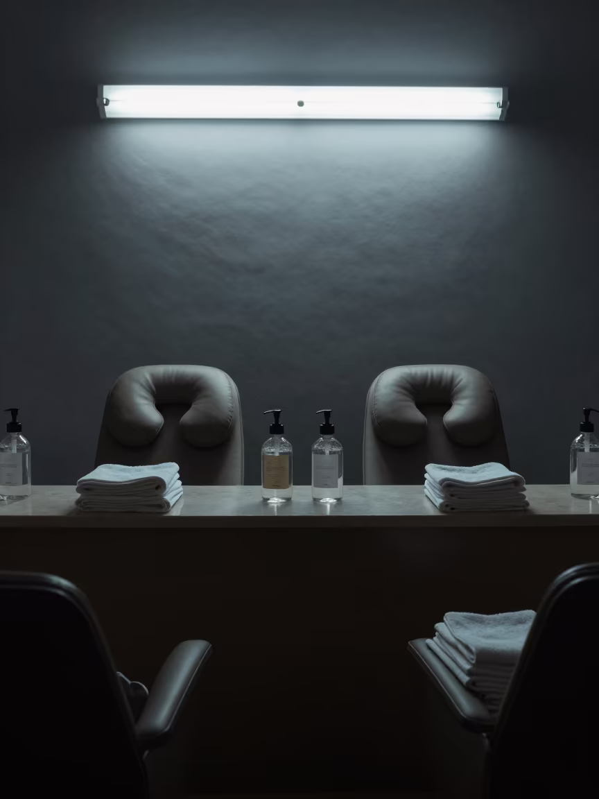 Predawn Shampoo Lounge with Towels and Serums in at a salon reception counter near Guadalajara