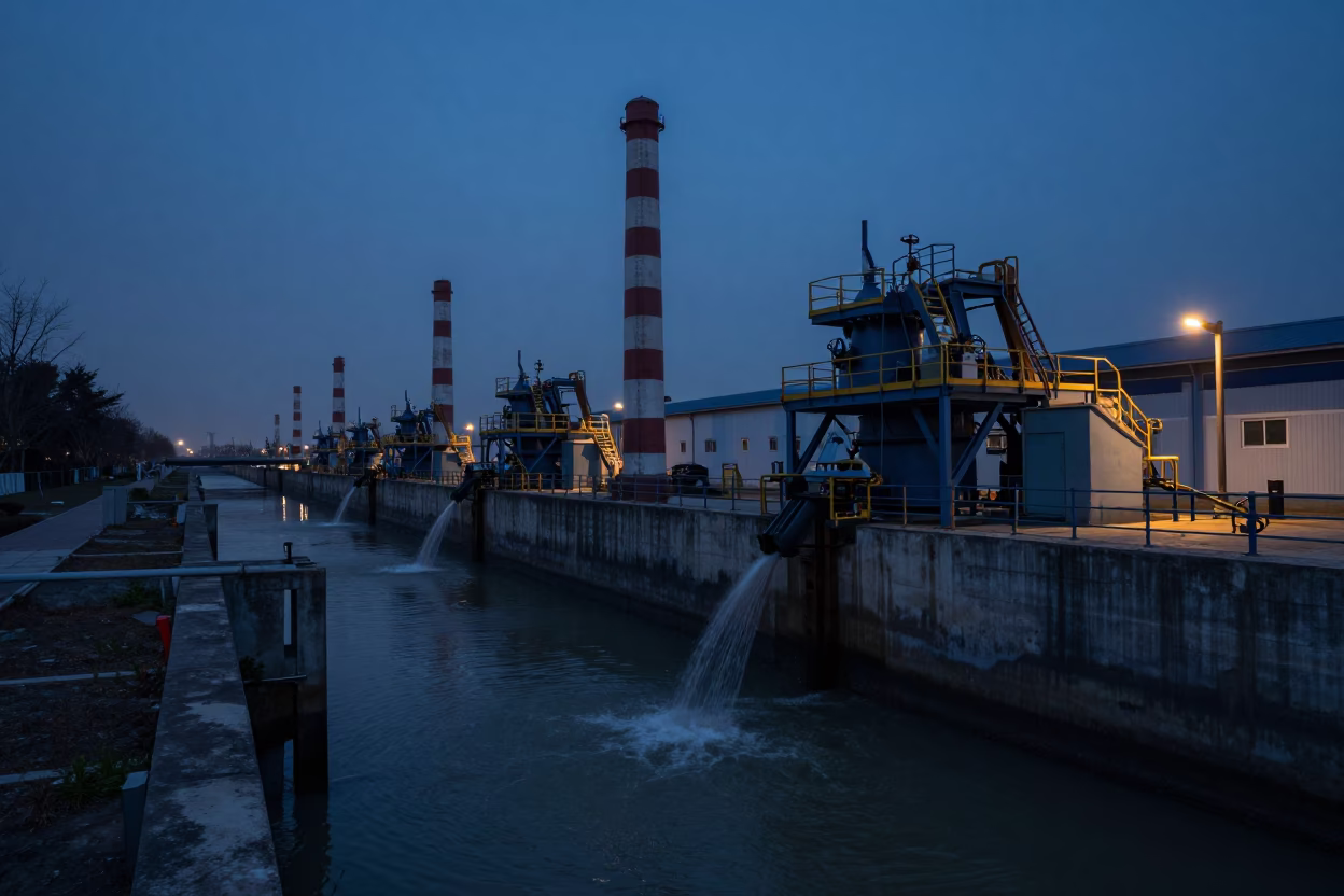 Predawn Shanghai Canal Scene with Pumping Station Infrastructure and Lowland Water Management in in Shanghai, China