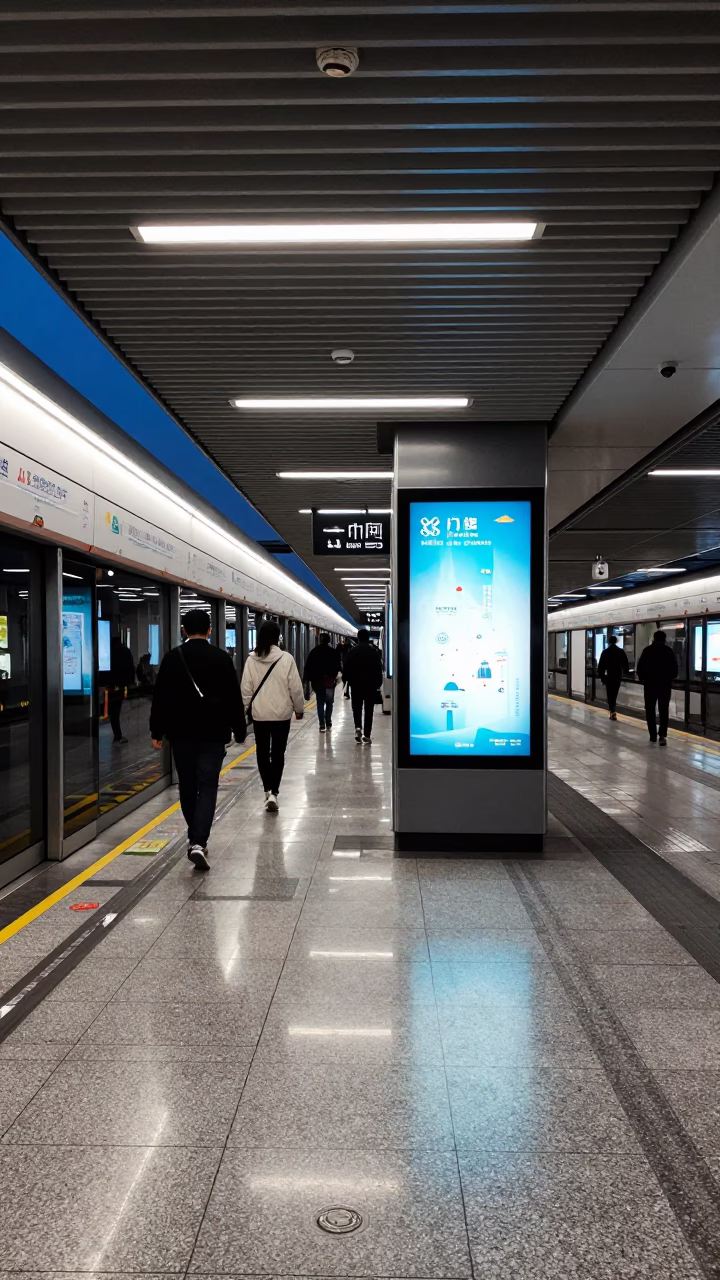 Predawn Shanghai Metro Station Art Adorned Platform with Commuters in in Shanghai, China