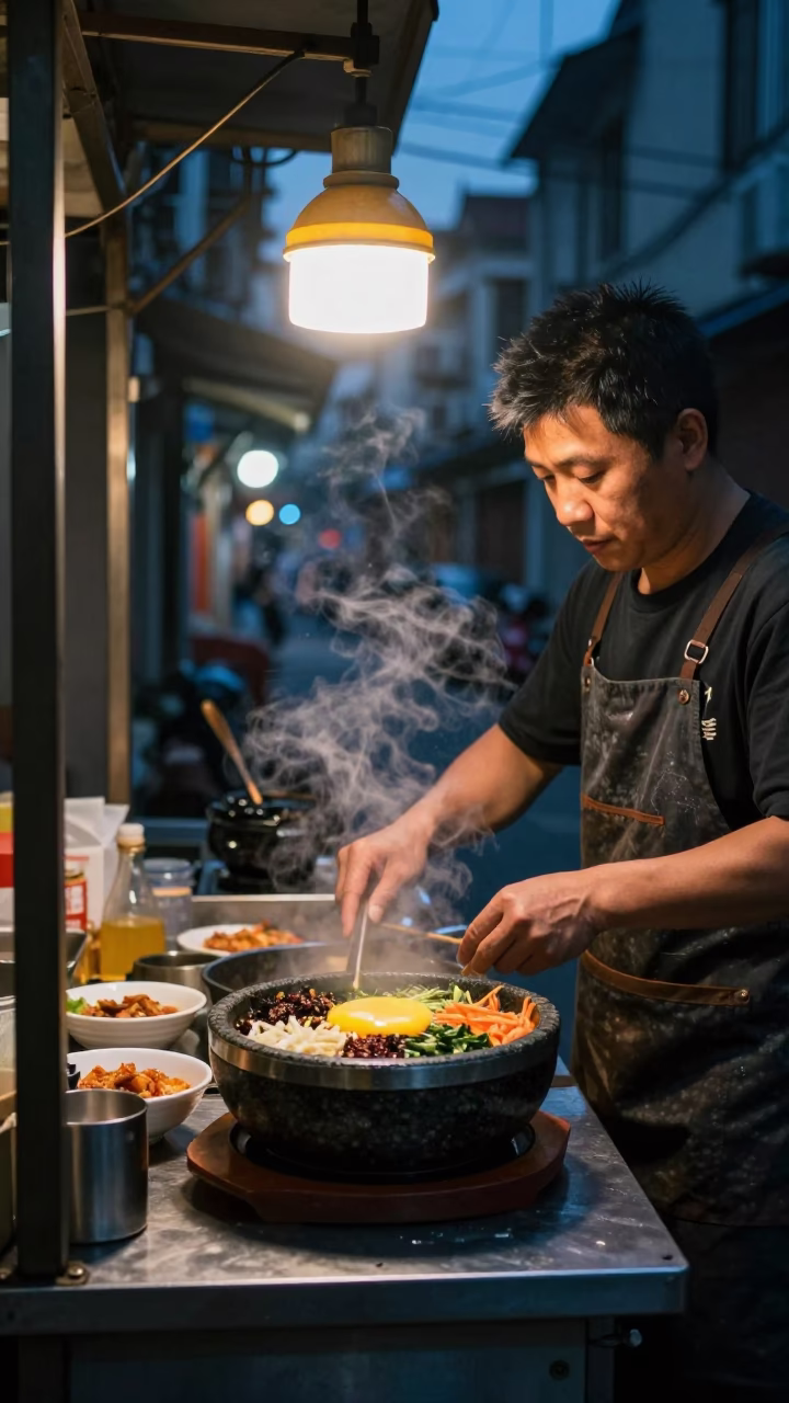 Predawn Shanghai Street Food Stall with Stone Bowl and Ladle in in Shanghai, China