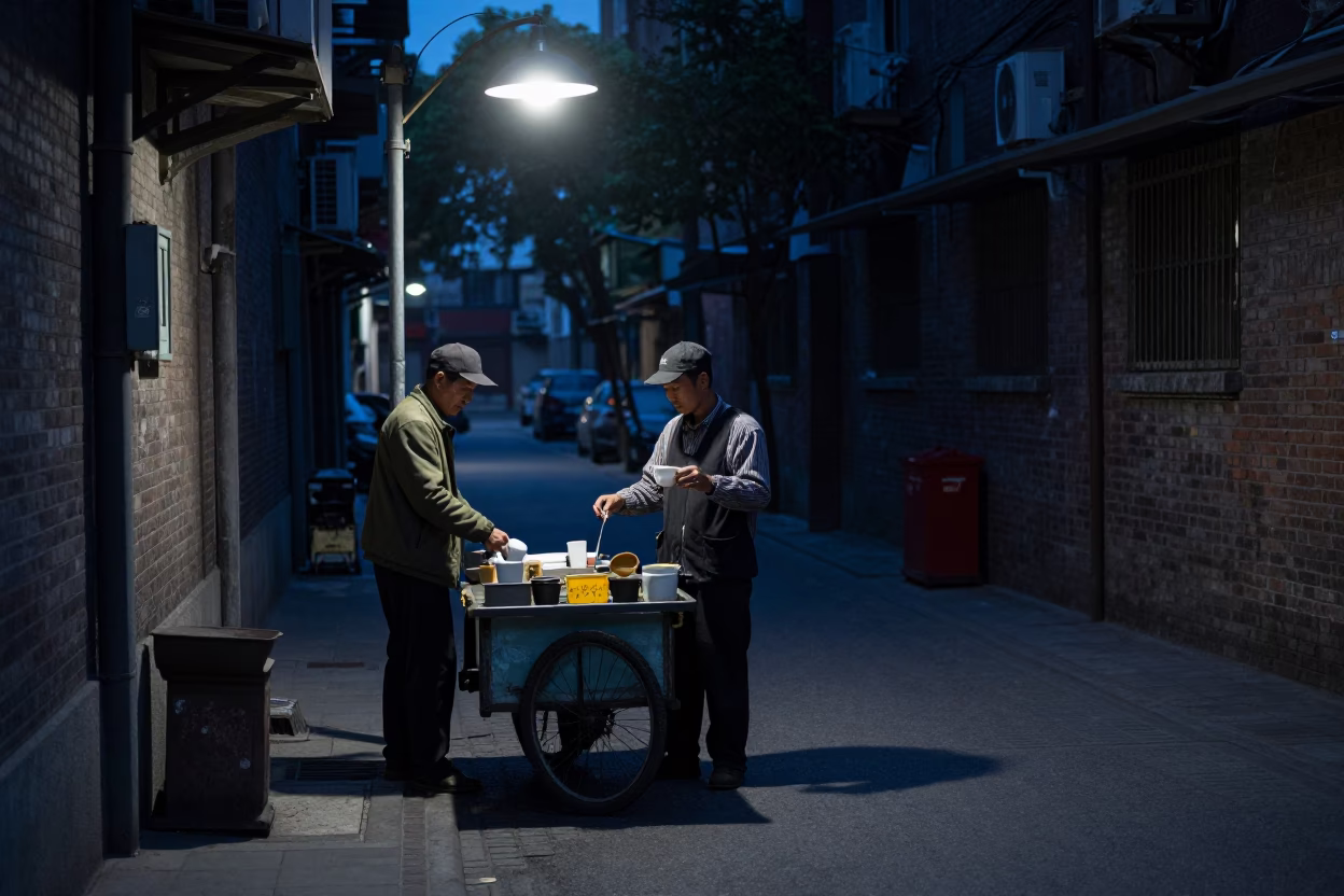 Predawn Shanghai Street Scene with Coffee Vendor and Vintage Armchair in in Shanghai, China