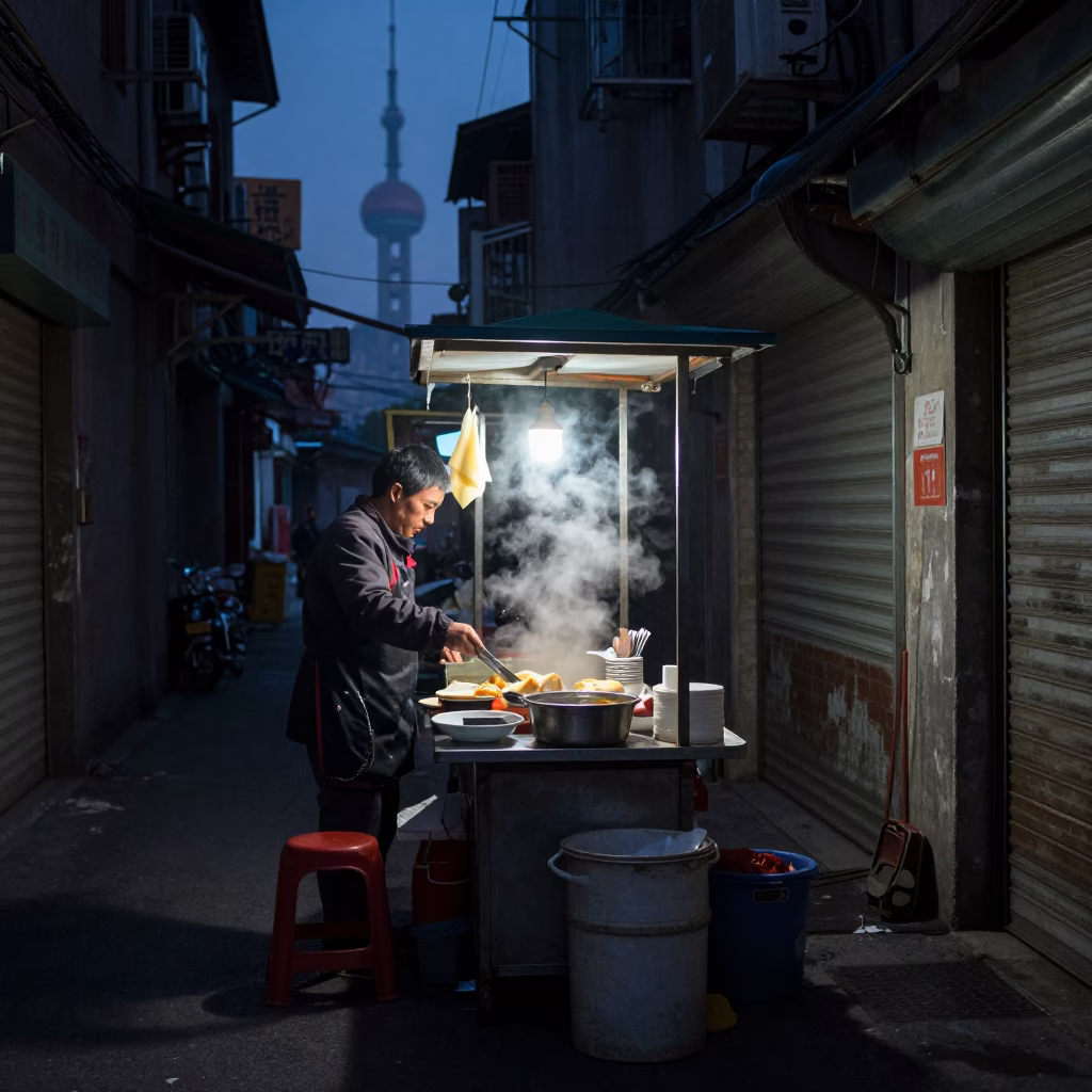 Predawn Shanghai Street Scene with Cutlery and Steam Haze in 1960s China in in Shanghai, China