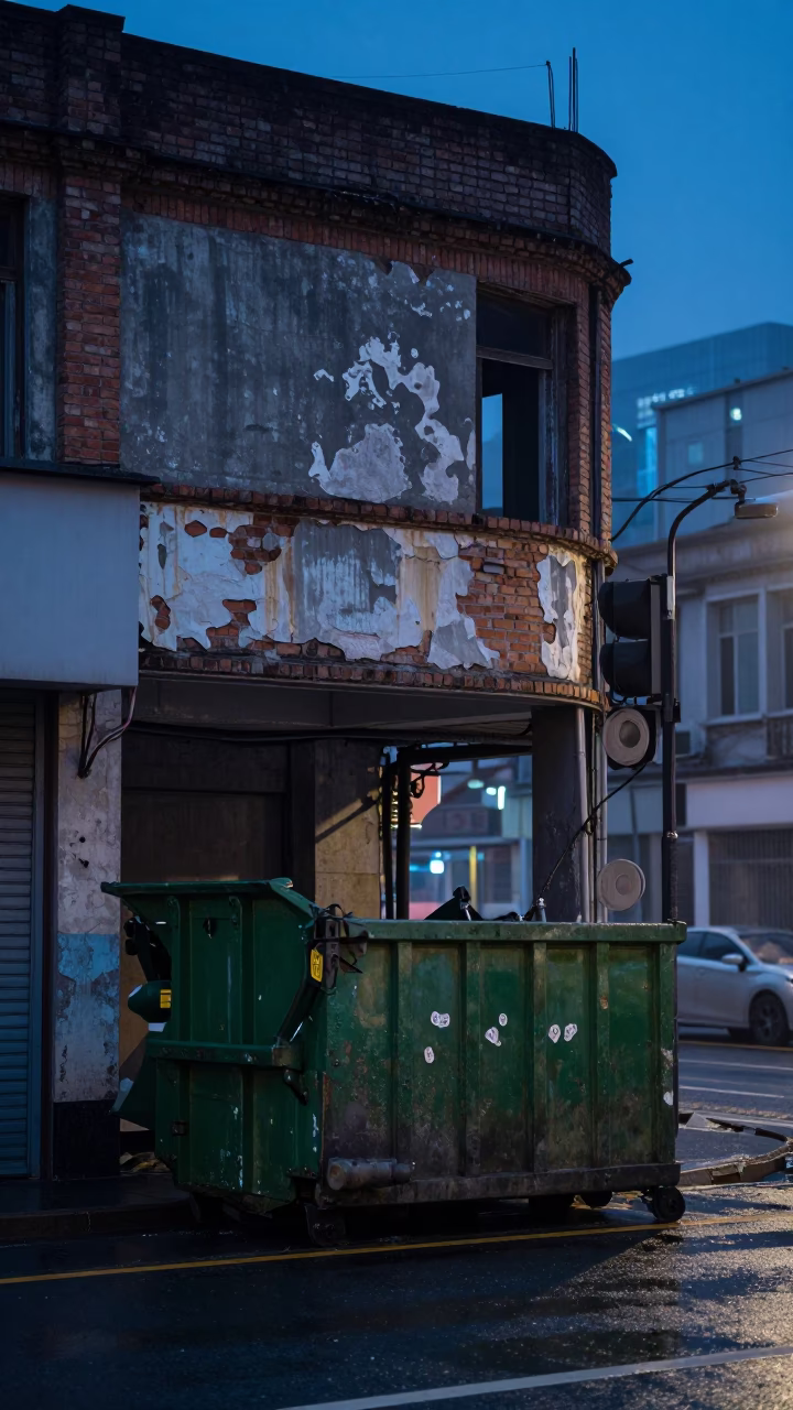 Predawn Shanghai Street Scene with Demolition Dumpster and Wet Asphalt in in Shanghai, China