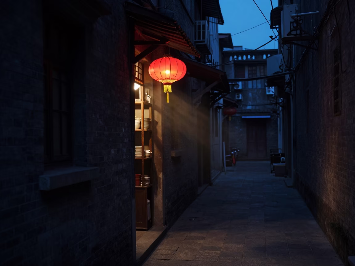 Predawn Shanghai Street Scene with Dim Lantern and Dusty Shelves in in Shanghai, China