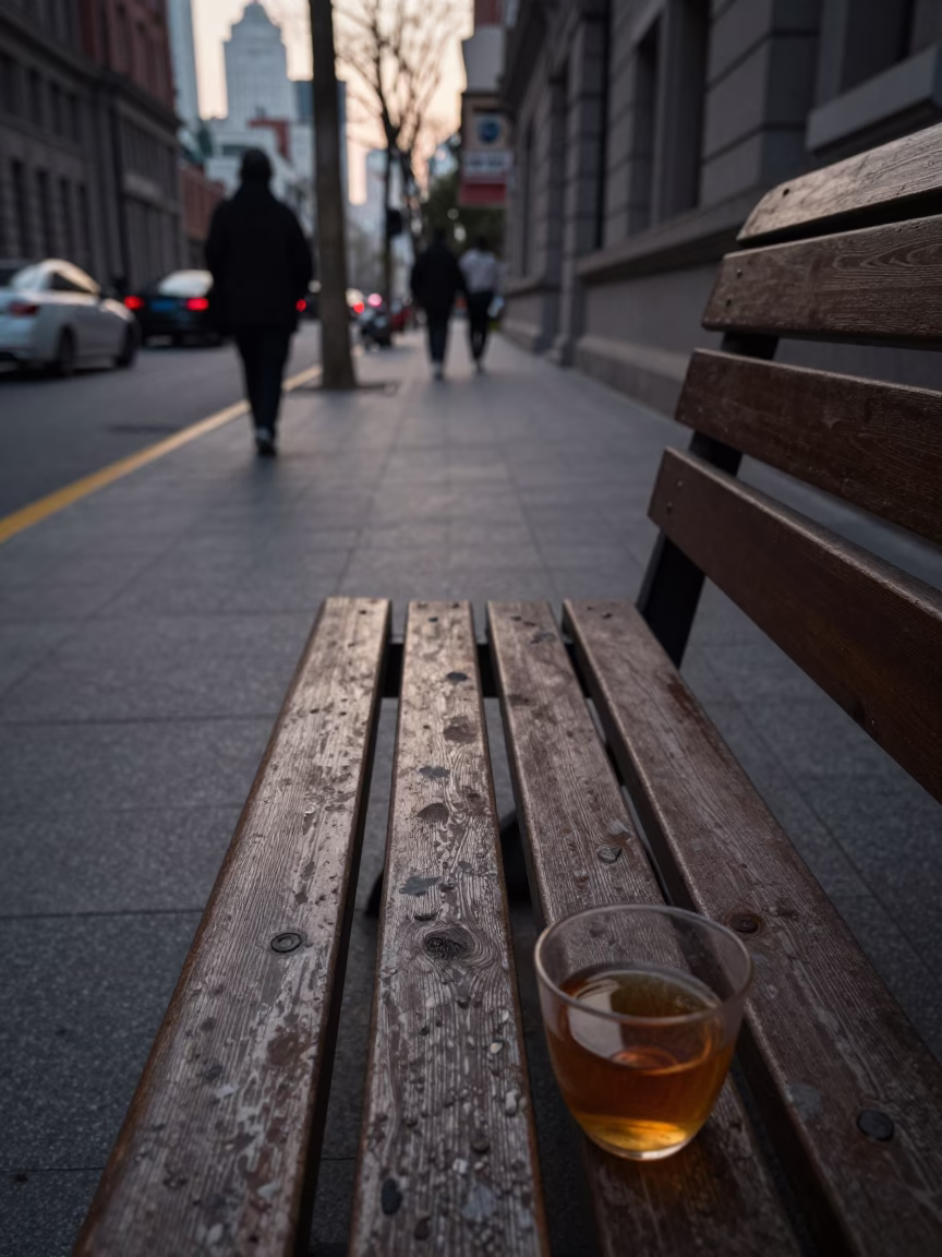 Predawn Shanghai Street Scene with Fingerprint Stains and Tea Residue on Rustic Bench in in Shanghai, China