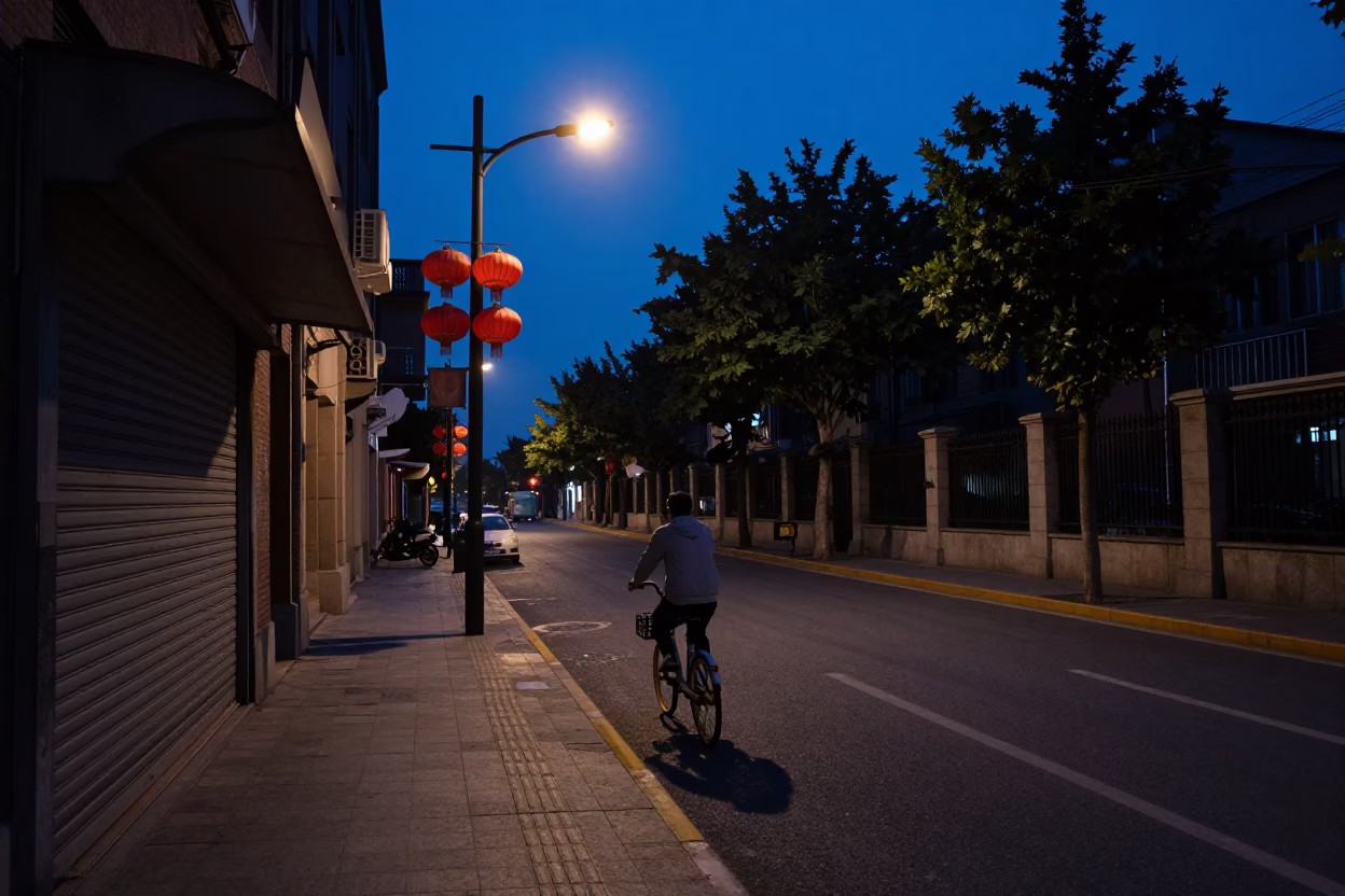 Predawn Shanghai Street Scene with Lanterns and Early Morning Commuters in in Shanghai, China