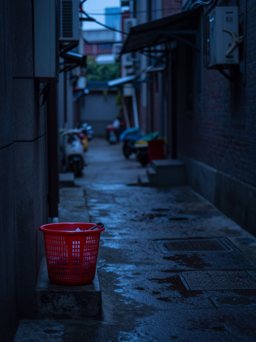 Predawn Shanghai Street Scene with Laundry Basket and Tiny Jackets in Preschool Cubby Wall in in Shanghai, China