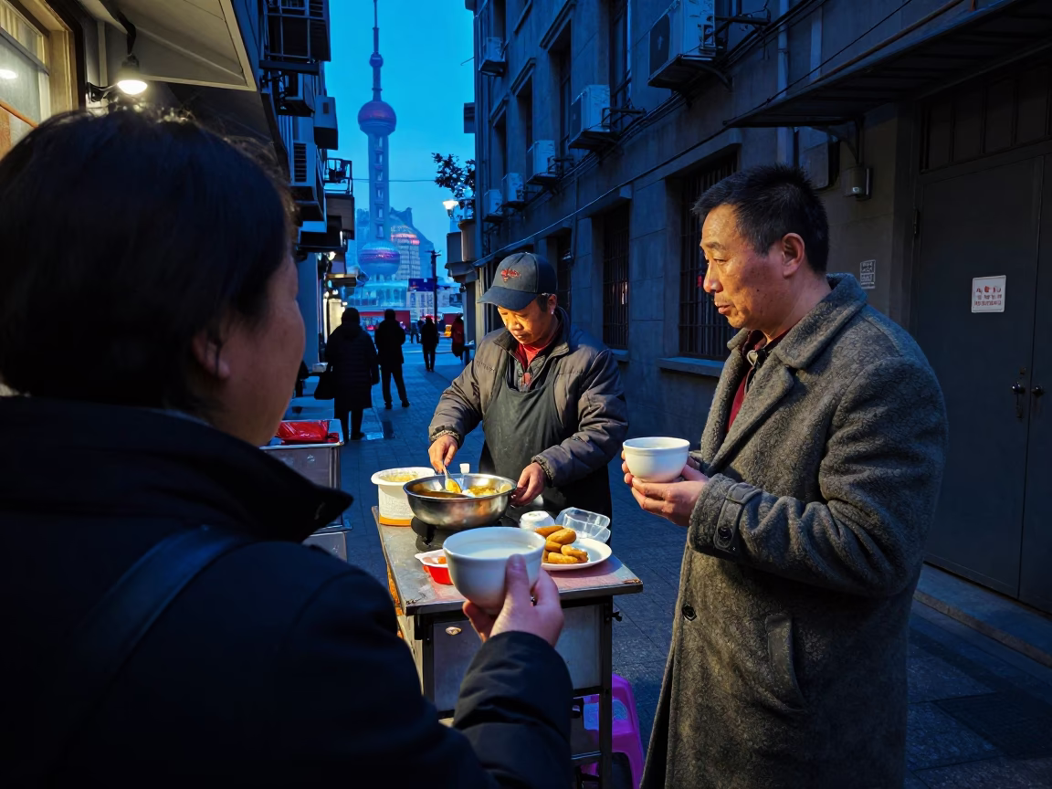 Predawn Shanghai Street Scene with Vendor Preparing Breakfast and Local Customers in in Shanghai, China