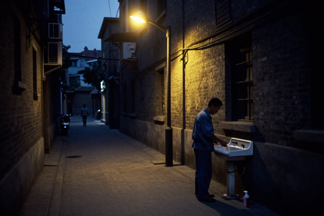 Predawn Shanghai Street Scene with Watering Bottle and Soap Residue in in Shanghai, China