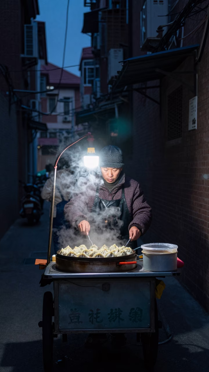 Predawn Shanghai Street Vendor Steaming Dumplings in Dark Alleyway in in Shanghai, China