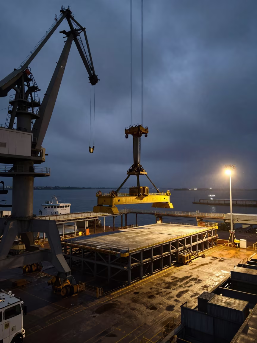 Predawn Shipyard Crane Defying Gravity Shadows in beside exposed structural steel near Warnes