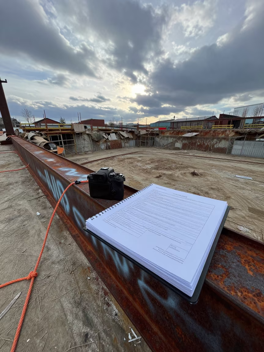 Predawn Shoring Tab Inspection Binder at Hamburg Site in inside a taped-off excavation edge in St. Pauli, Hamburg