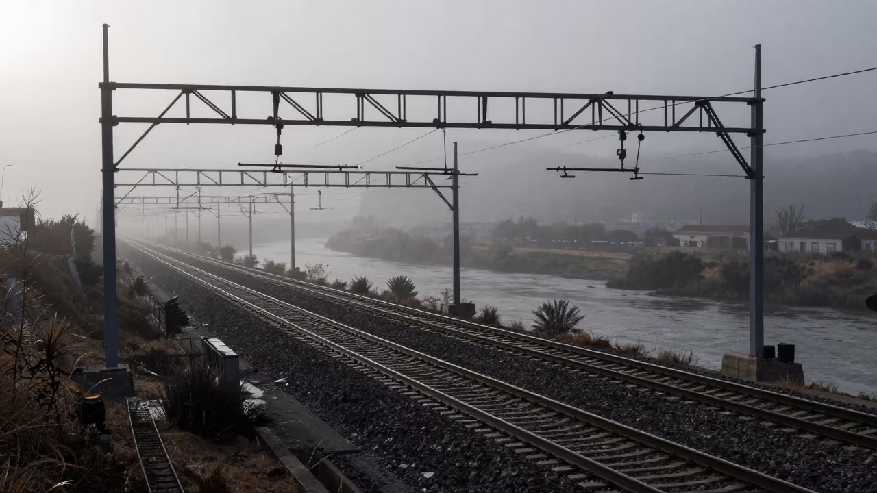 Predawn Signal Gantry Over Rails in River Fog in along a dam spillway in Andalusia