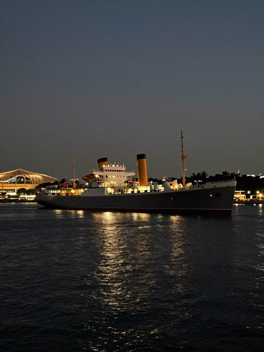 Predawn Singapore Harbor View with Steamship and Urban Infrastructure in in Singapore, Singapore