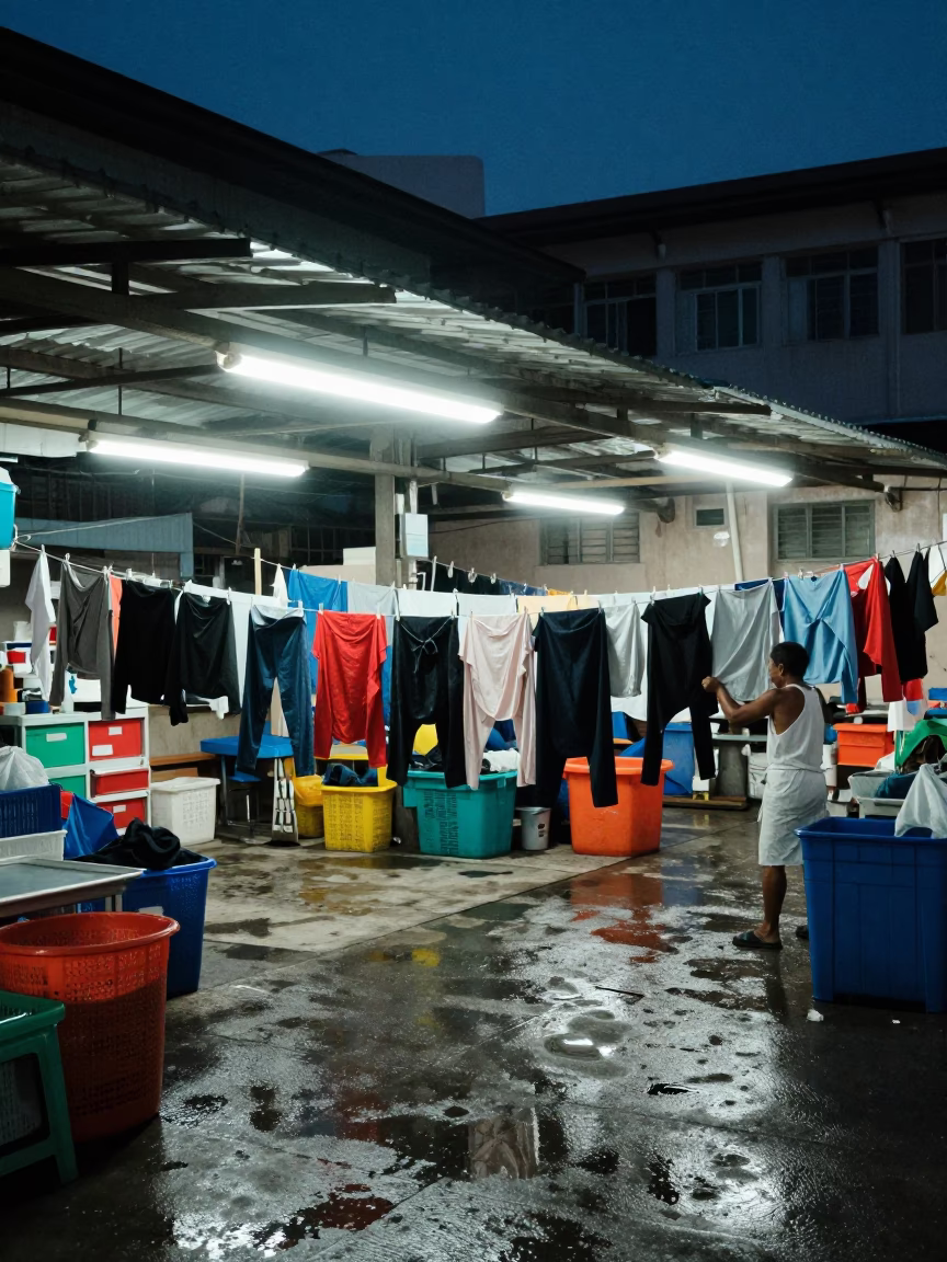 Predawn Singapore Hawker Center Laundry Drying Near Wet Market Stalls in in Singapore, Singapore