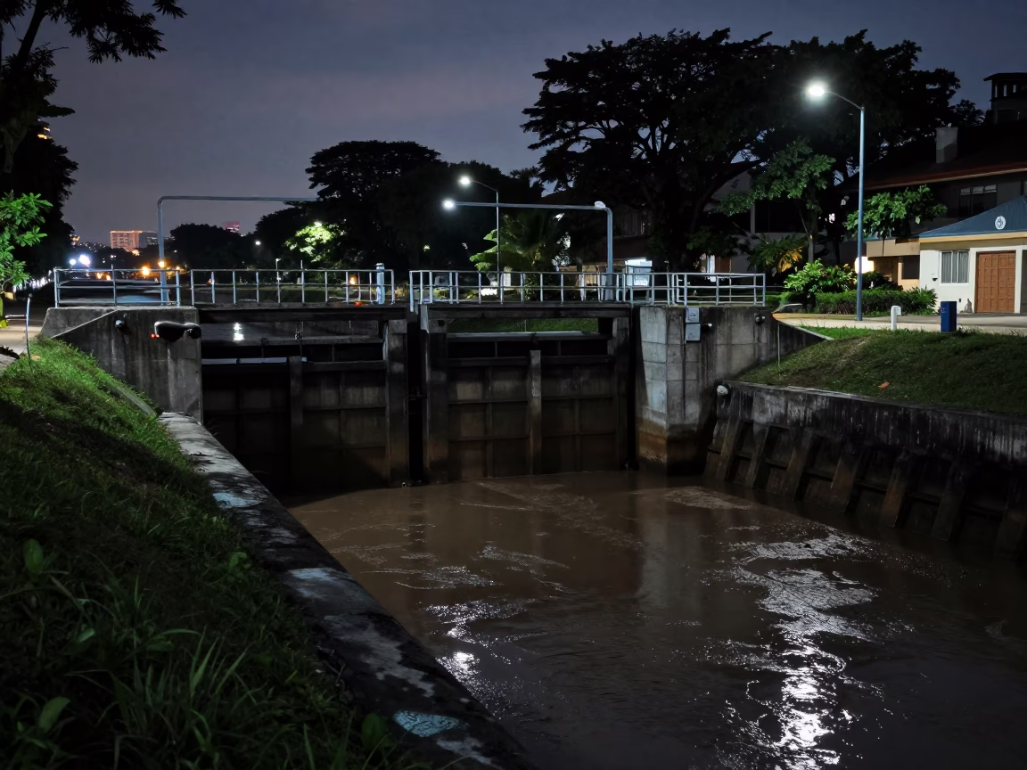 Predawn Singapore Muddy Canal Sluice Gate and Reinforced Levee Path in Darkness in in Singapore, Singapore
