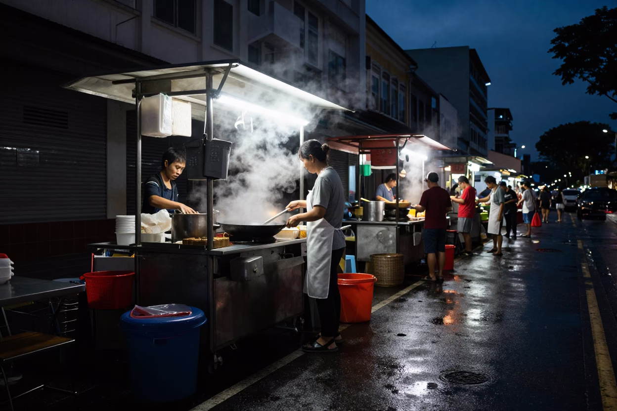 Predawn Singapore Street Food Stall with Steam and Water Rings on Rail in in Singapore, Singapore
