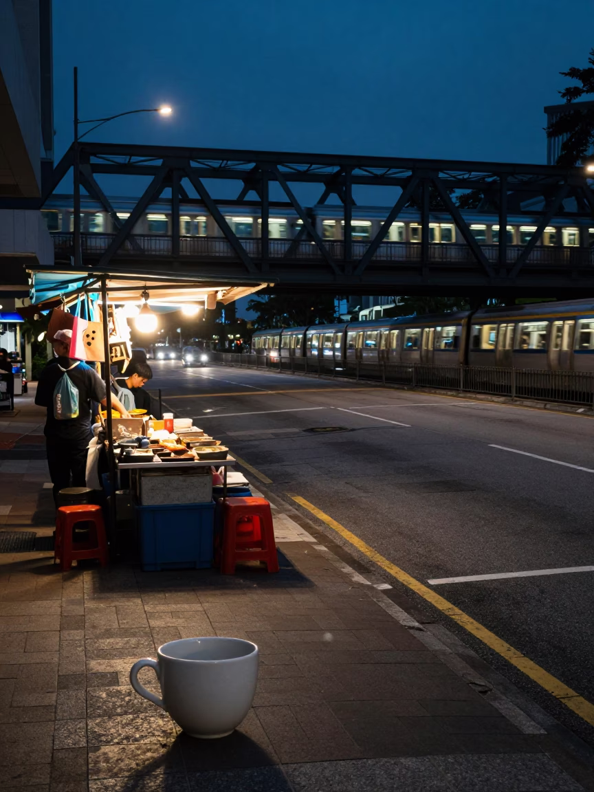 Predawn Singapore Street Scene with Ceramic Cup and Night Train on Floodlit Iron Bridge in in Singapore, Singapore