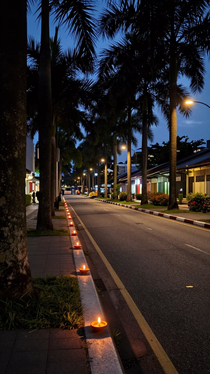 Predawn Singapore Street Scene with Diwali Oil Lamps and Palm Tree Avenue in in Singapore, Singapore