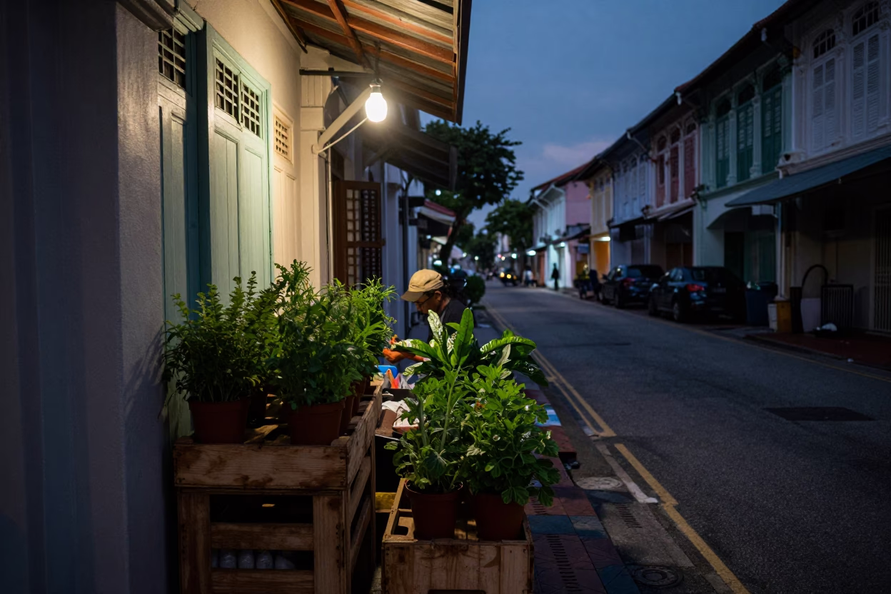 Predawn Singapore Street Scene with Potted Herbs and Early Morning Activity in in Singapore, Singapore