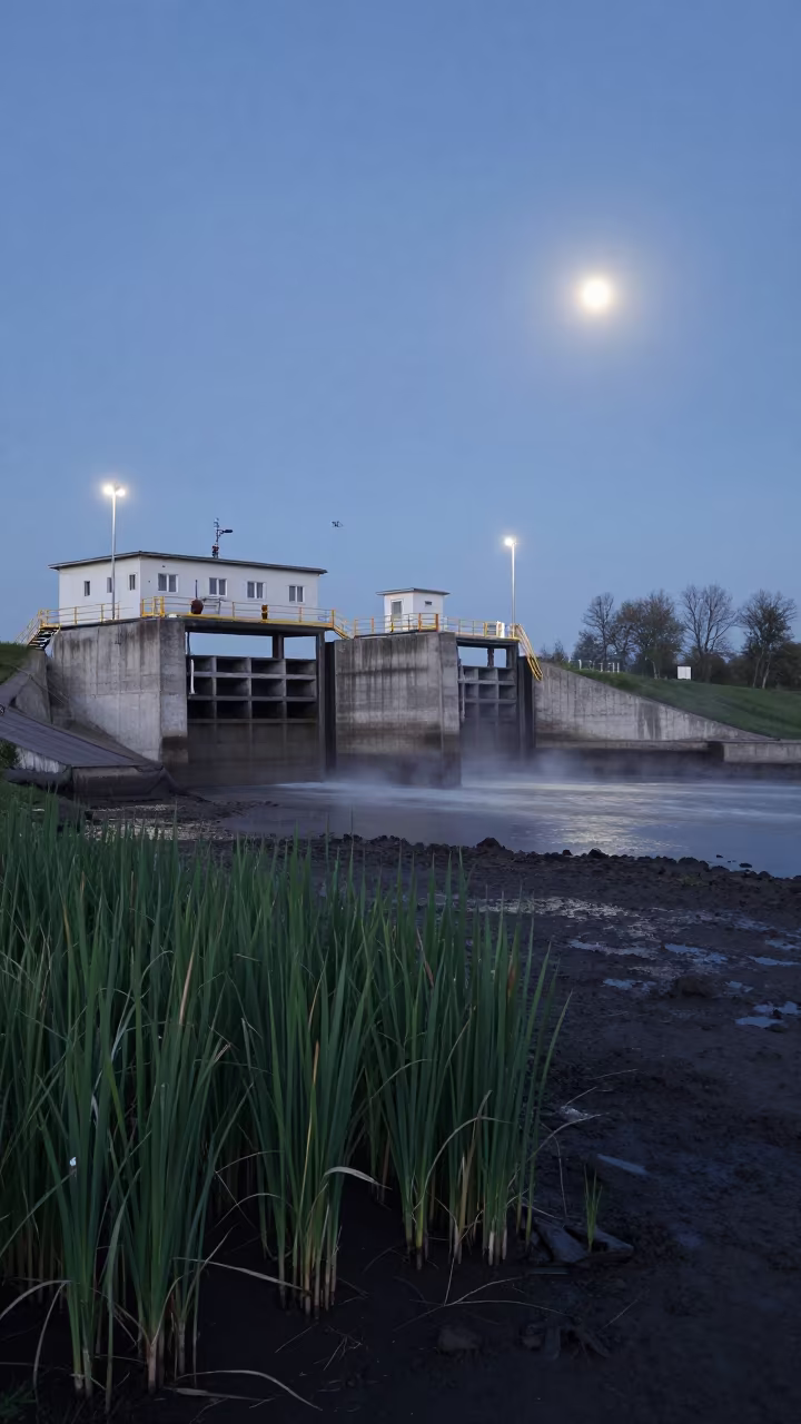 Predawn Sluice Gate Winch House Beside Cattails in beside a storm surge barrier near Belgrade