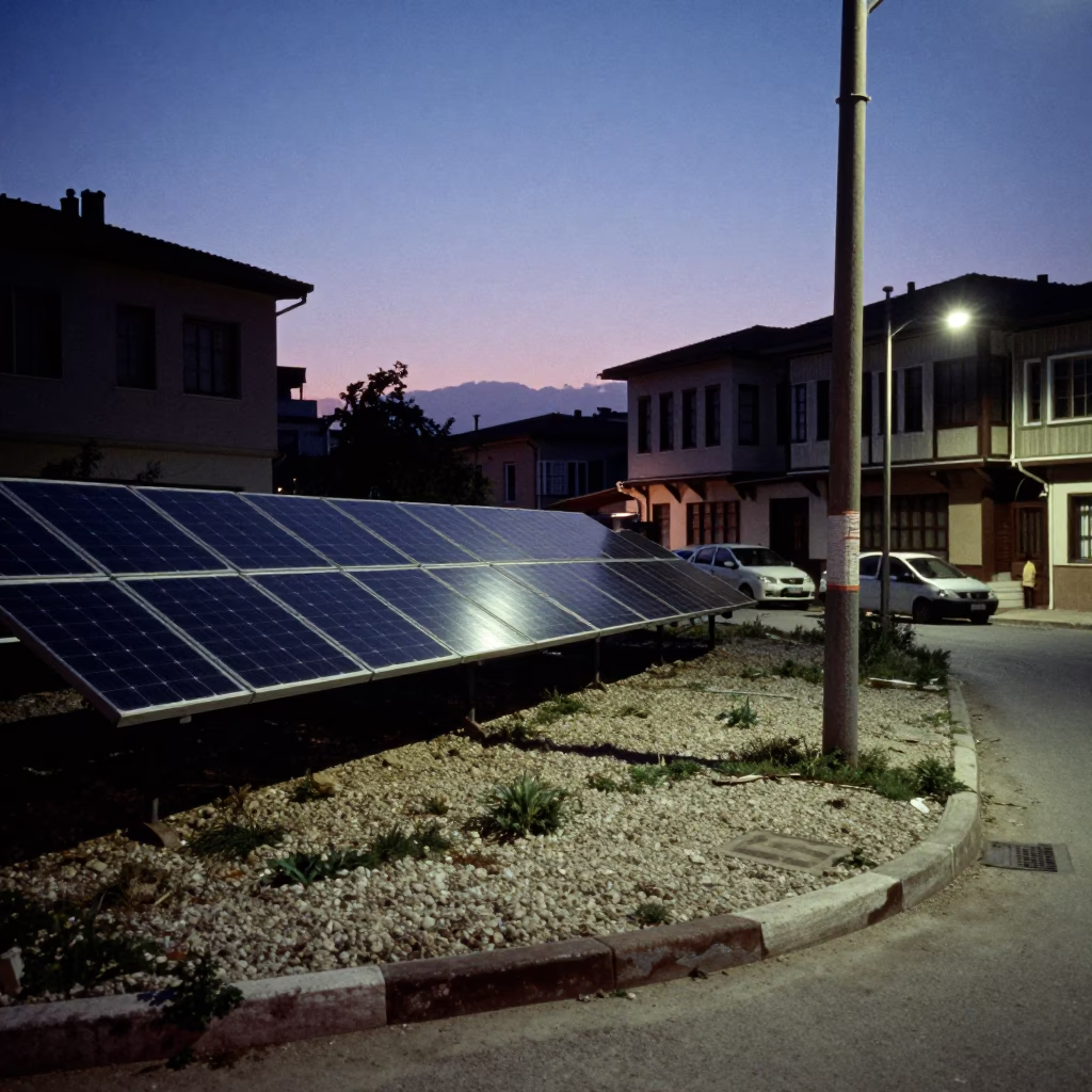 Predawn Solar Array and Street Corner in Izmir Turkey 1980s Photography in in Izmir, Turkey
