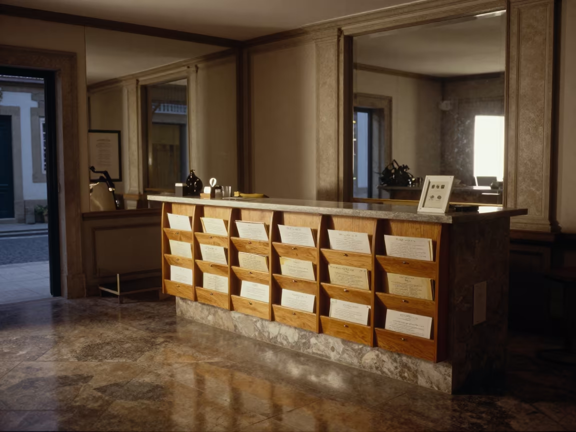 Predawn Spa Reception with Fee Folio Rack in inside a spa reception in Braga