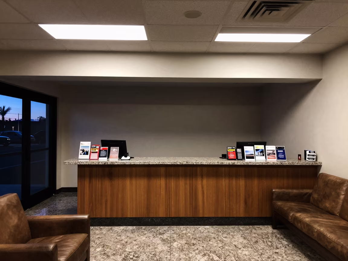 Predawn Spa Waiting Alcove With Brochures in at a reception desk under warm light in Phoenix