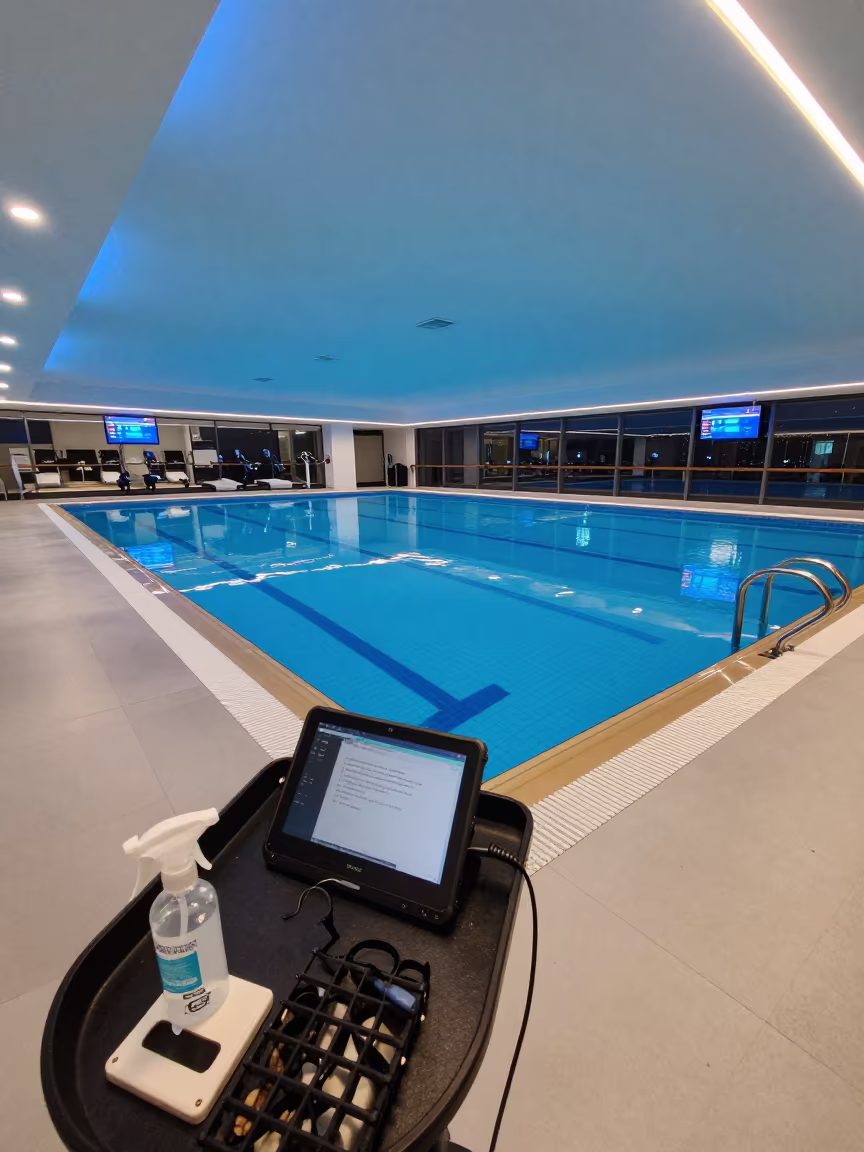 Predawn Spin Studio Podium Pool Deck Leipzig in on an indoor lap-pool deck before open swim near Leipzig