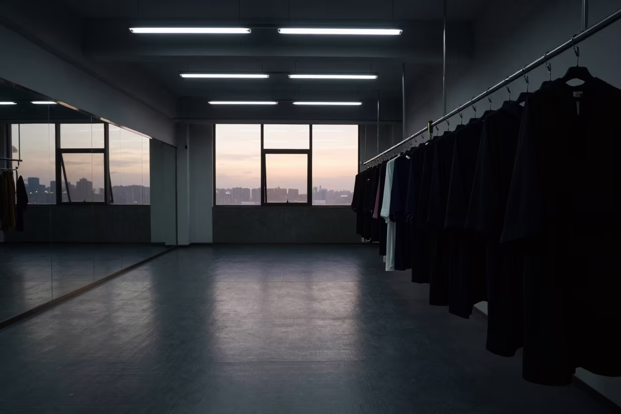 Predawn Spin Studio Robe Rail Glow in inside a spin studio under class lights near Nanchang