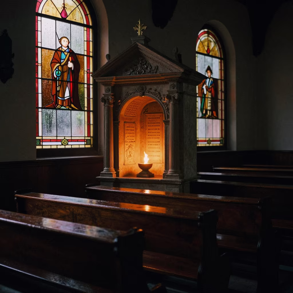 Predawn Stained Glass Light in Guanajuato Synagogue in beside a carved Torah ark in Guanajuato
