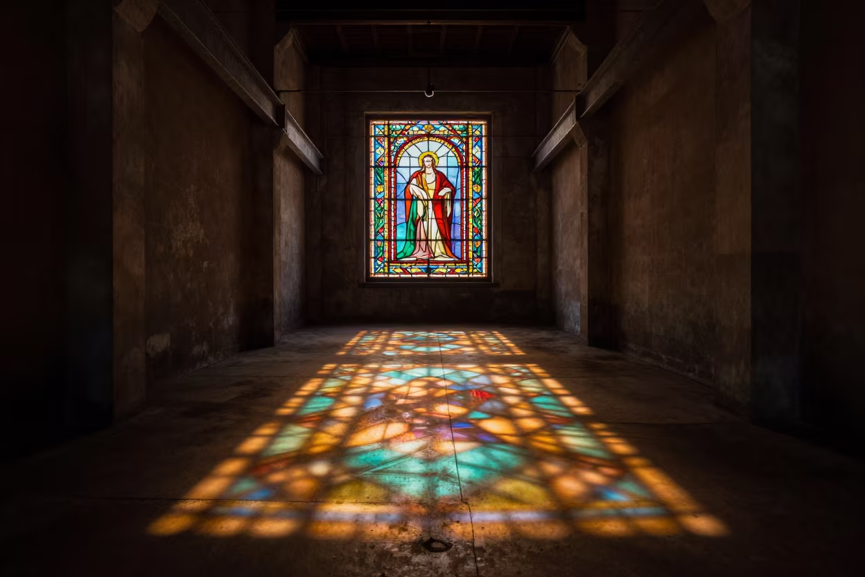 Predawn Stained Glass Spill in LX Factory in inside a skylit passageway in LX Factory, Lisbon