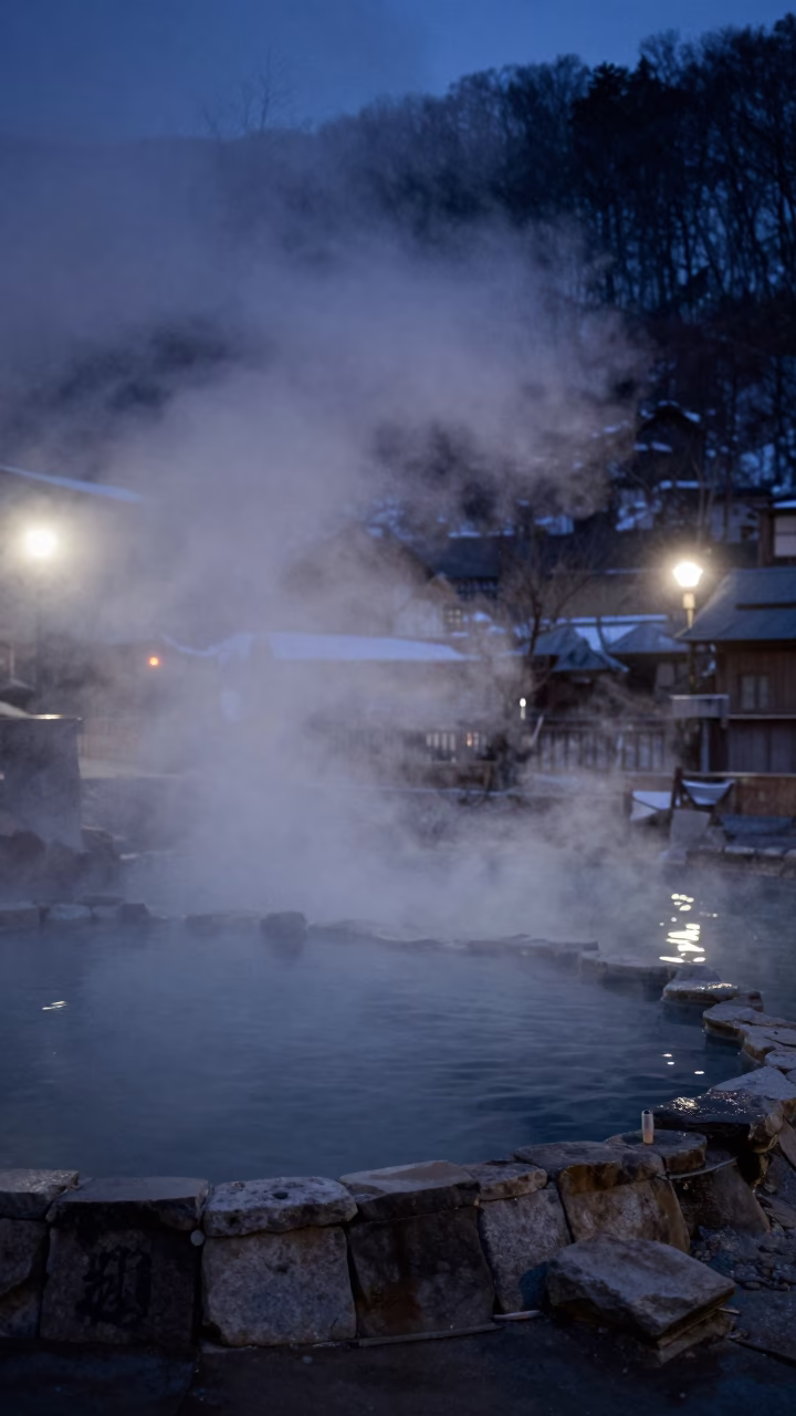Predawn Steam Haze Rising from Hot Spring Basin in Sapporo Japan in in Sapporo, Japan