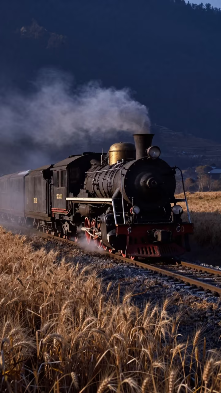 Predawn Steam Train Through Winter Wheat Fields in along a switchback approach in Nagaland