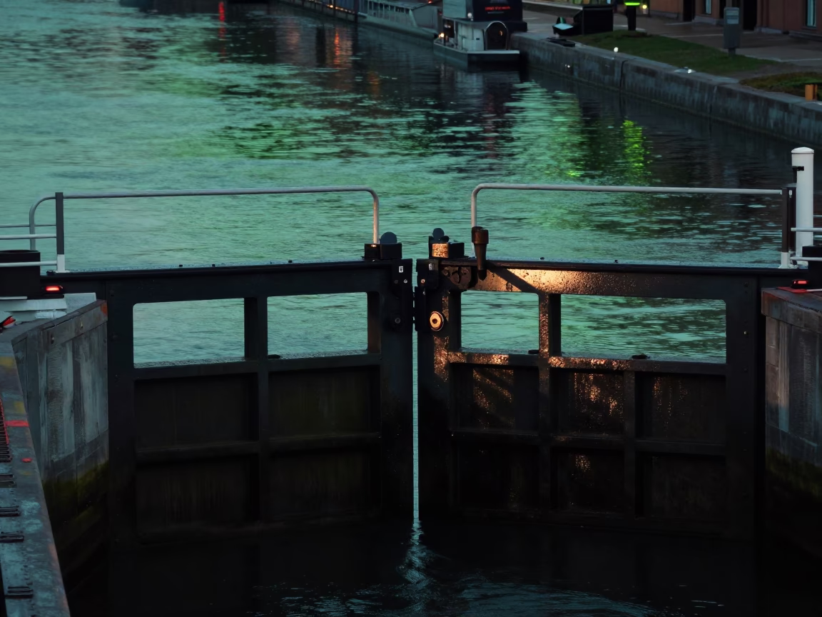 Predawn Stockholm Canal Lock Gate Closing on Still Green Water in Sweden in in Stockholm, Sweden