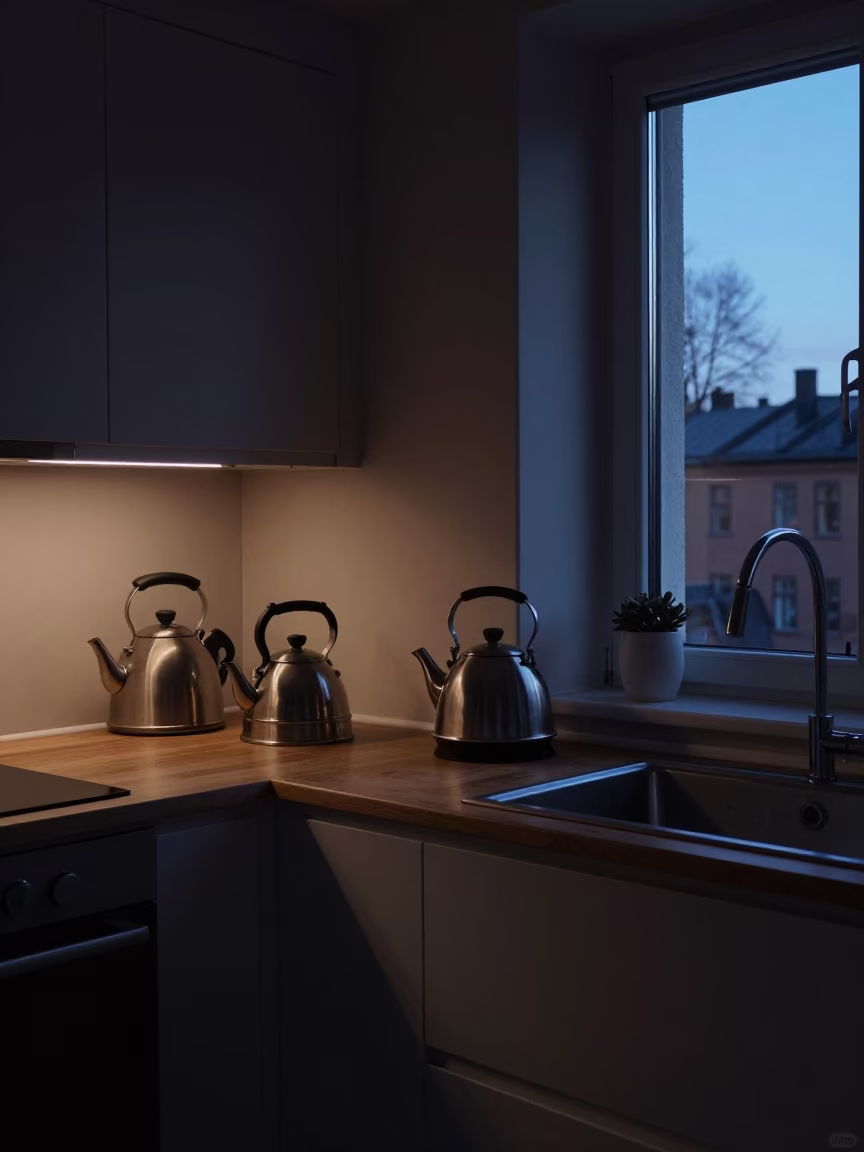 Predawn Stockholm Kitchen Interior with Tea Kettles and Safety Razor in in Stockholm, Sweden