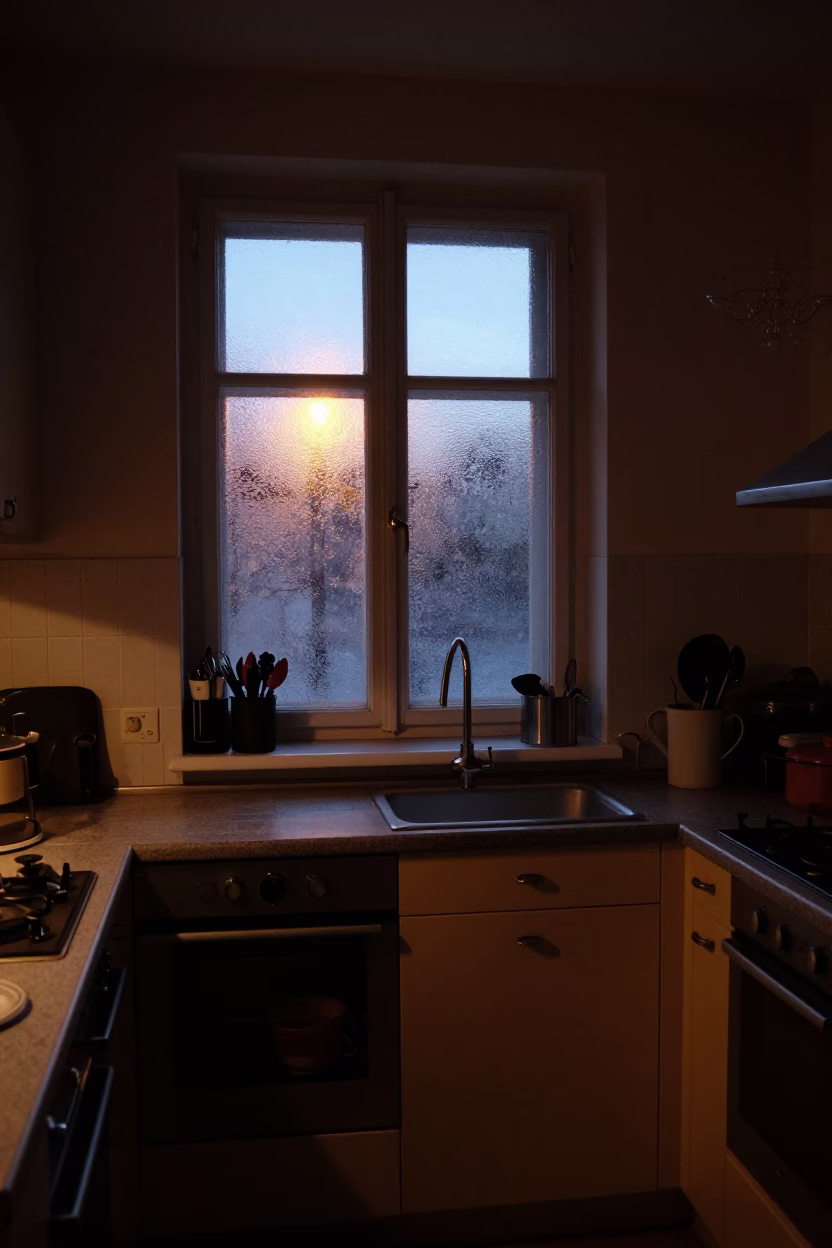 Predawn Stockholm Kitchen Scene with Vintage 1960s Interior Details and Honey Dripping in in Stockholm, Sweden